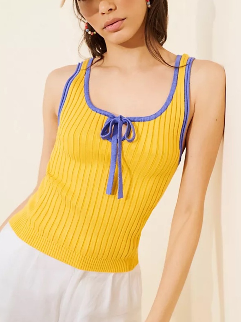 Free People Ribbed Yellow Knit Front Tie All Star Sweater Tank Top Sz L